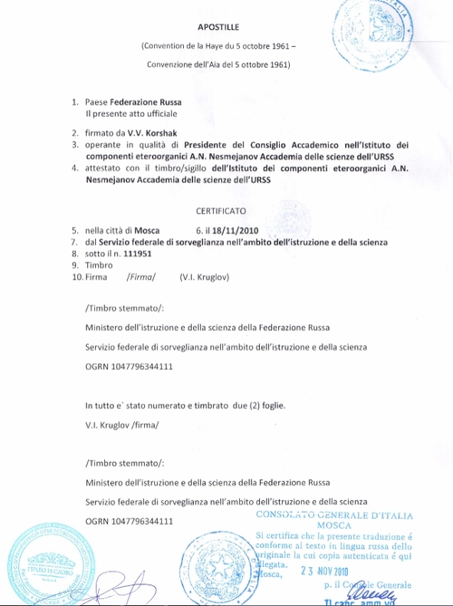 Пример ДДВ диплома кандидата наук, оформленного в Посольстве Италии в Москве